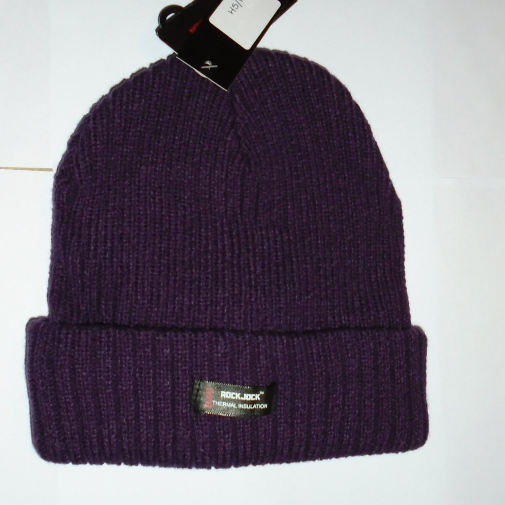 Purple knit beanie with a brand tag on a white background