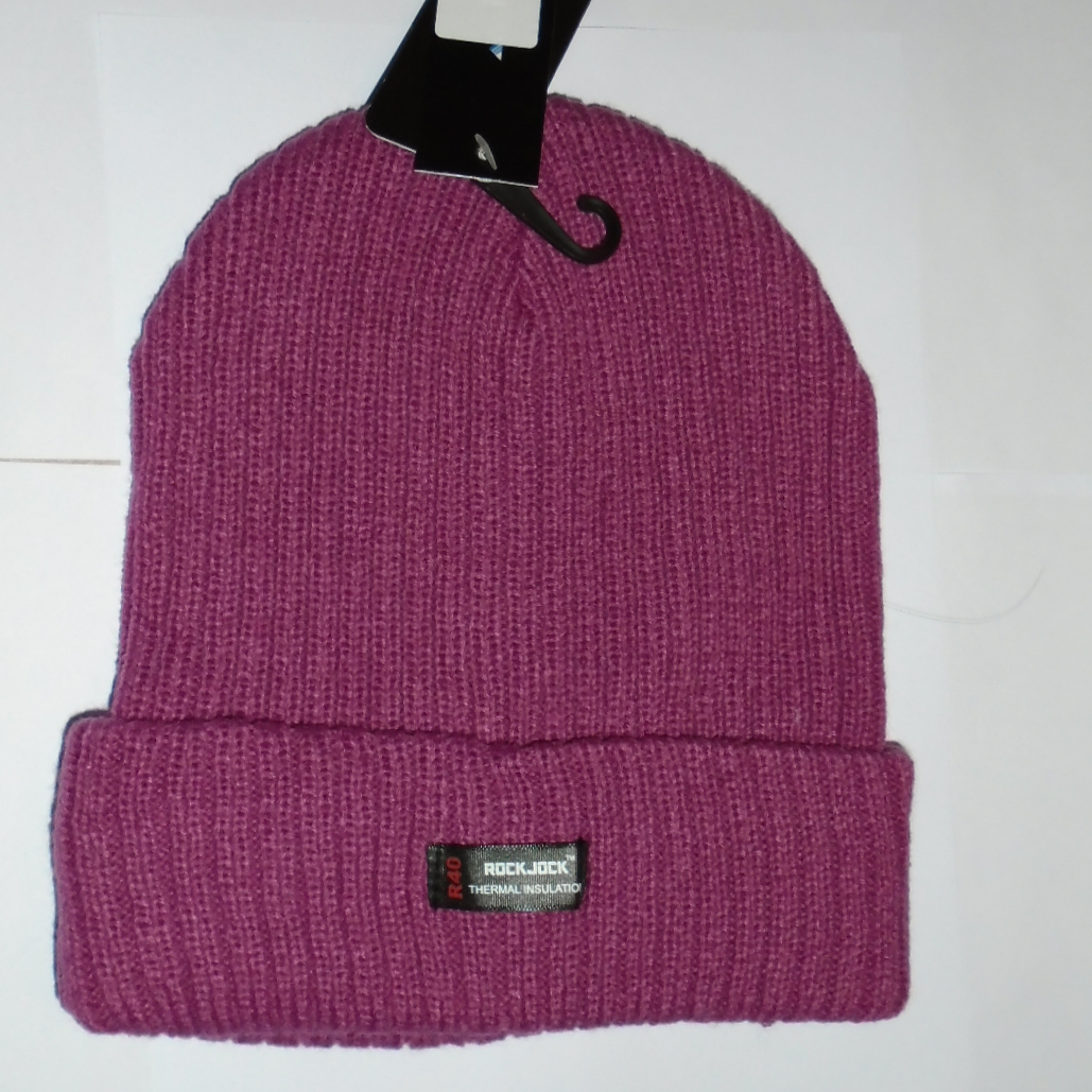 Purple knit beanie with a brand label on a white background