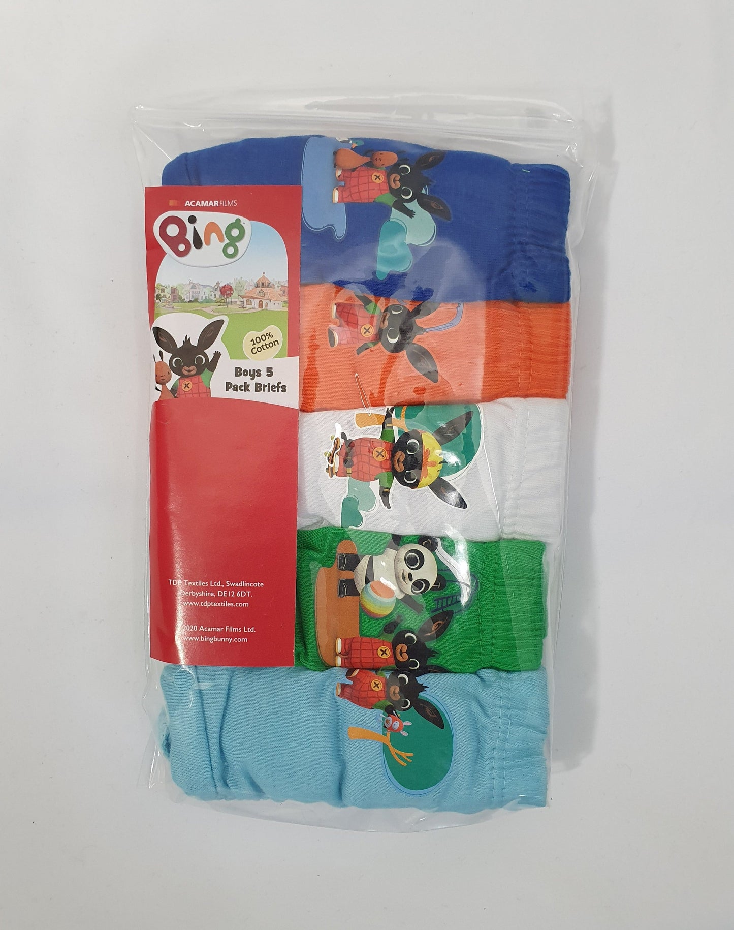Pack of children's underwear with cartoon design on a white background
