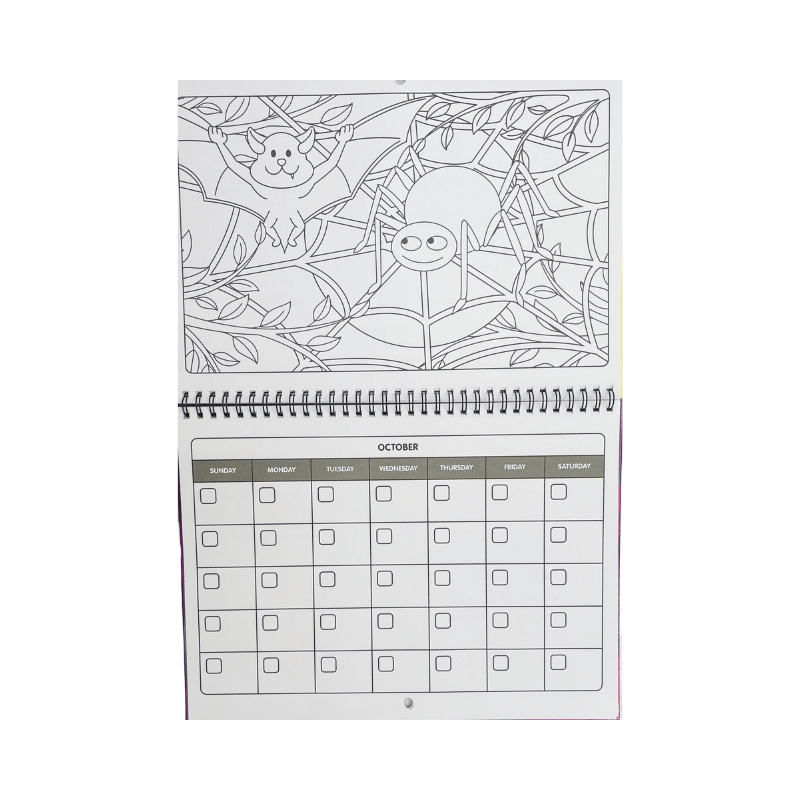 Calendar with coloring page of a spider and spider web on a white background