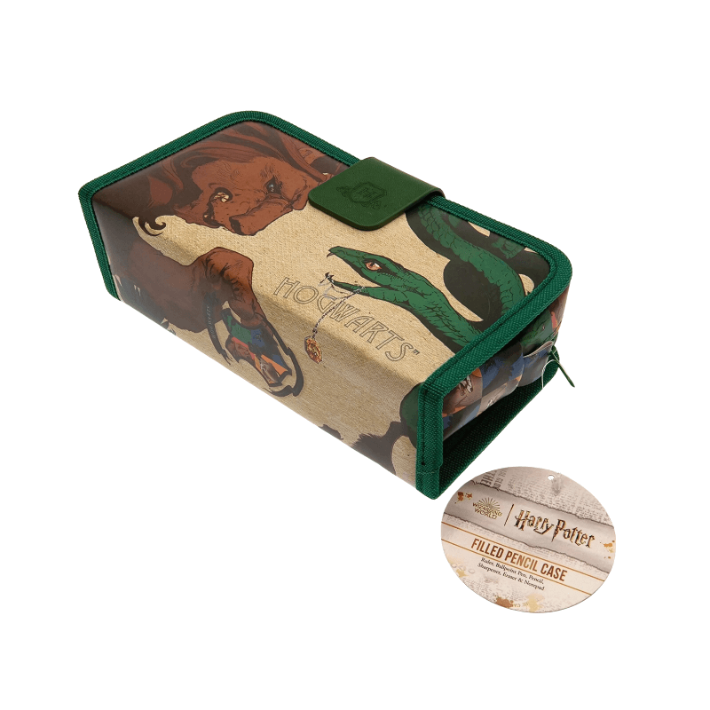 Pencil case with Harry Potter design featuring Hogwarts text and animal illustrations on a white background.