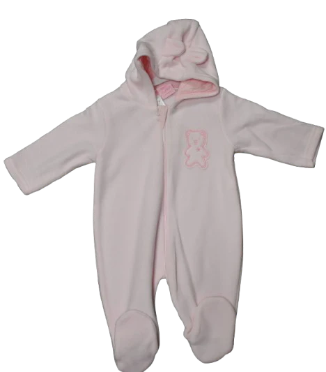 Pink baby onesie with a hood on a white background