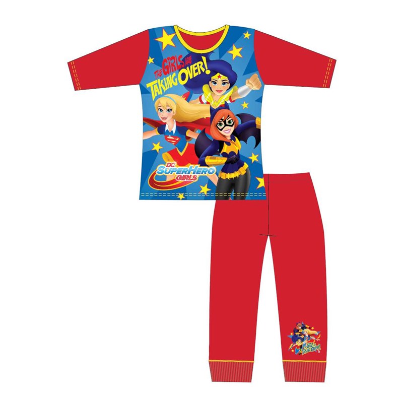 Children's superhero-themed pajama set with a red shirt and pants on a white background