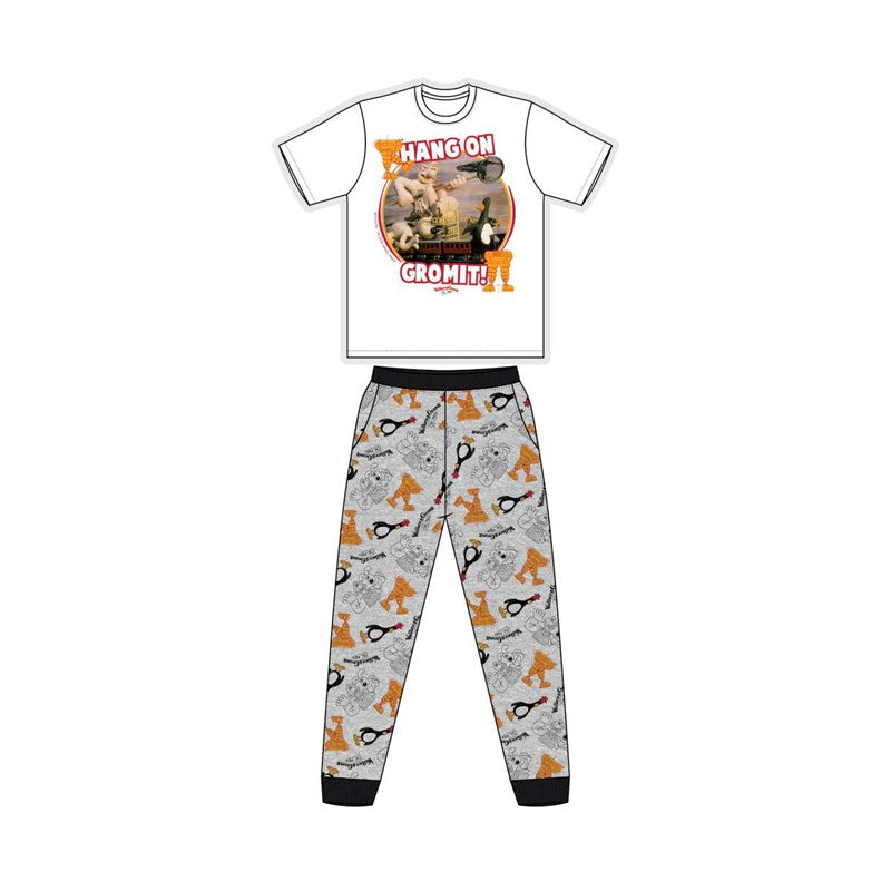 Children's pajama set with t-shirt and pants featuring a cartoon character on a white background