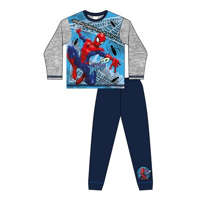 Children's Spider-Man pajama set with long-sleeve top and pants on a white background