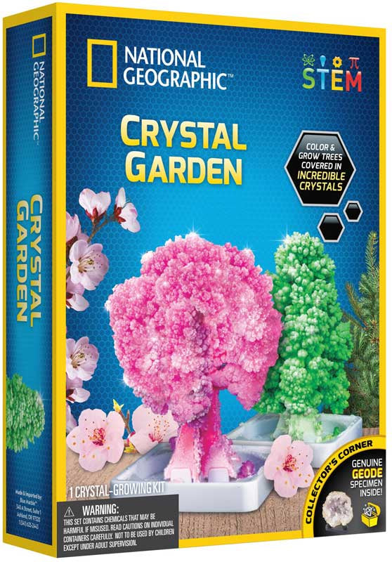 National Geographic Crystal Garden kit packaging with pink and green crystals on a blue background
