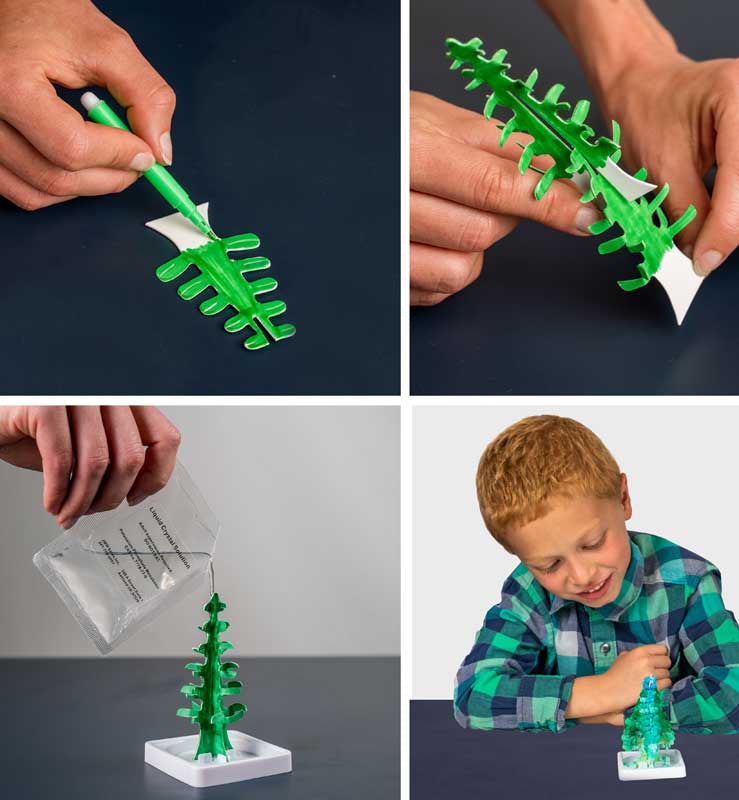 Step-by-step process of using a green plastic tree model with a boy at the end.