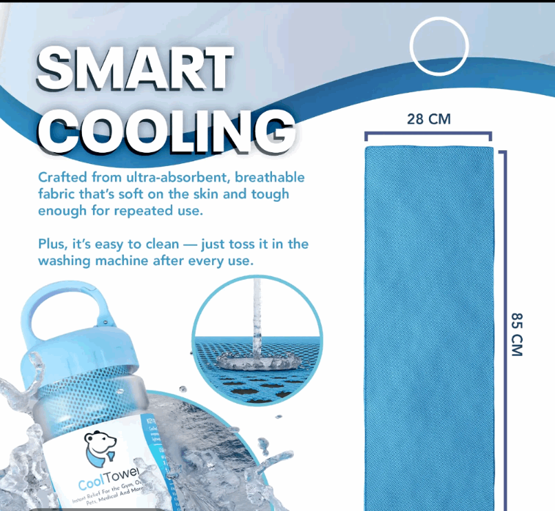 Smart cooling product with blue towel and water bottle on a light blue background