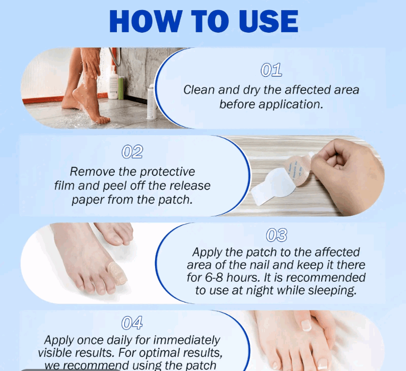 Instructions on how to use a patch for nail care, with steps and images of application.