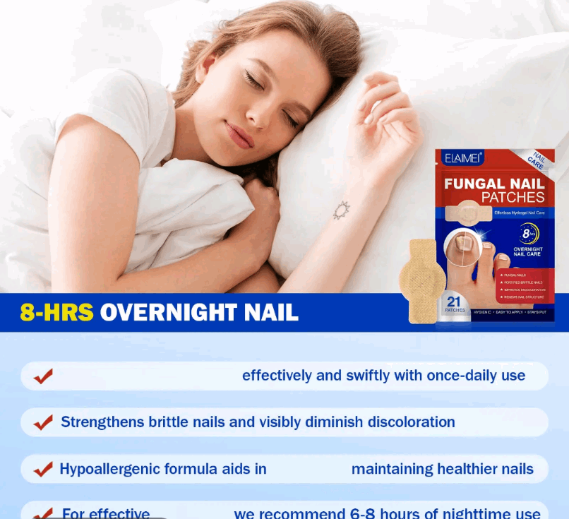Woman lying in bed with a box of fungal nail patches and product details on a white background