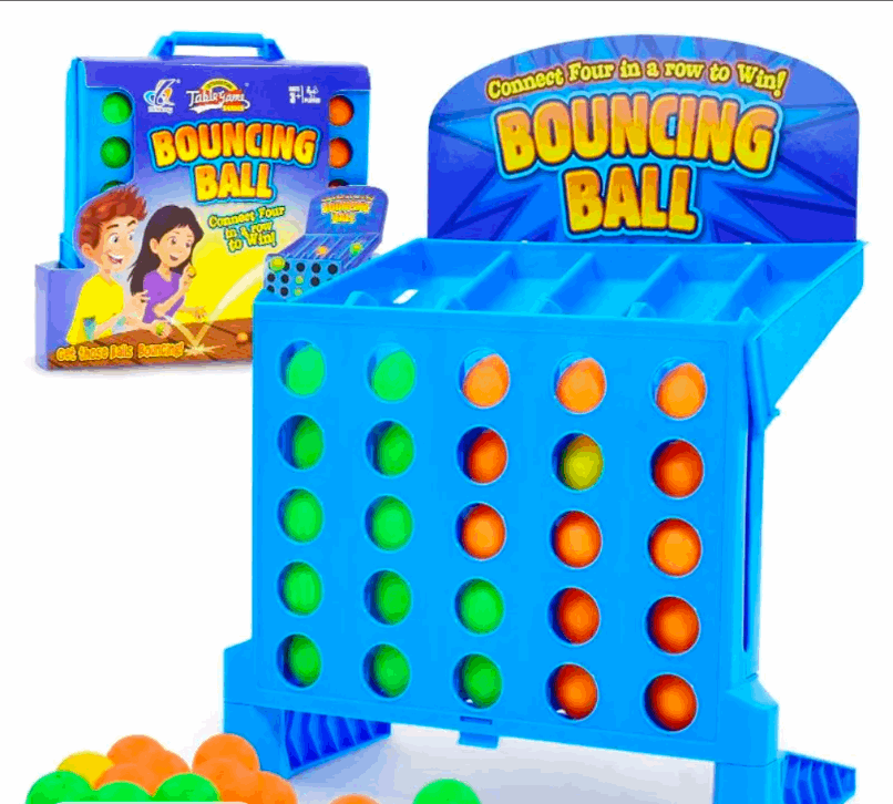 Foldable blue grid game with bounce-action balls lined up diagonally for win