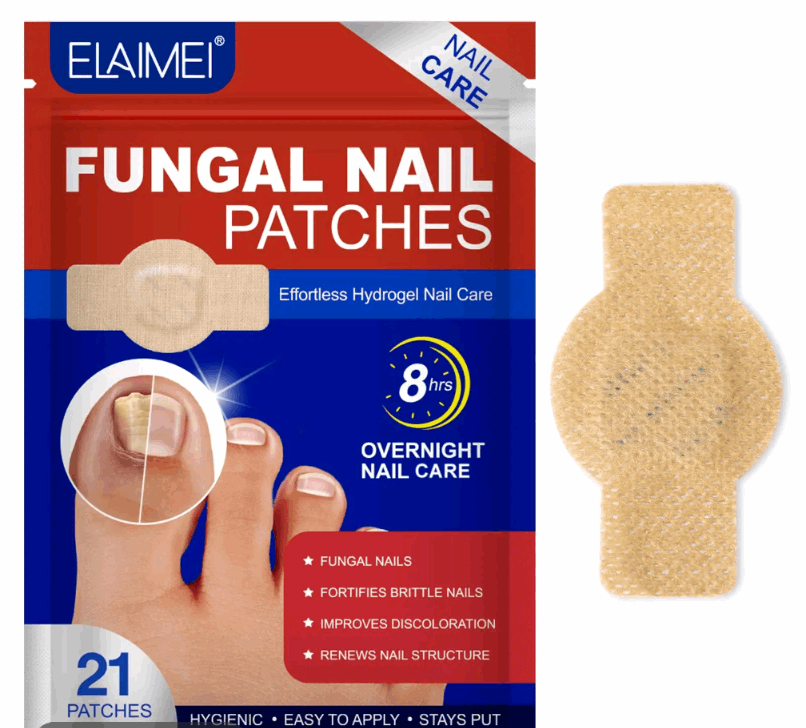 Elaimei fungal nail patches packaging with a patch on a white background