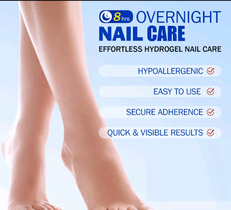 Advertisement for overnight nail care product with text and a light blue background