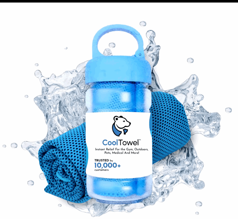 Blue cooling towel with holder on a white background