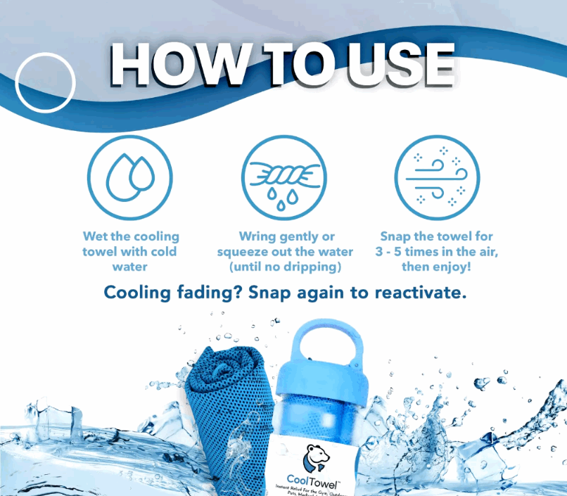 Instructions on how to use a cooling towel with icons and text on a white background.