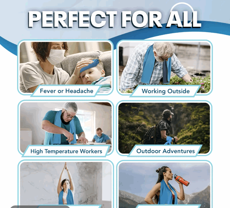 Product advertisement showing its use in various scenarios like fever, headache, working outside, high temperature work, and outdoor adventures.