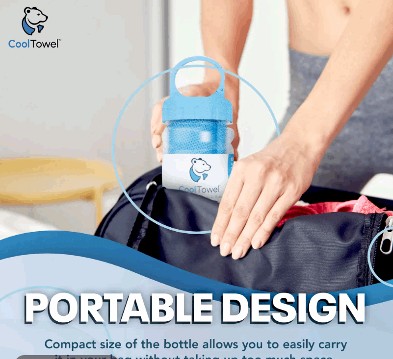 Person packing a blue water bottle into a bag with 'CoolTowel' branding.