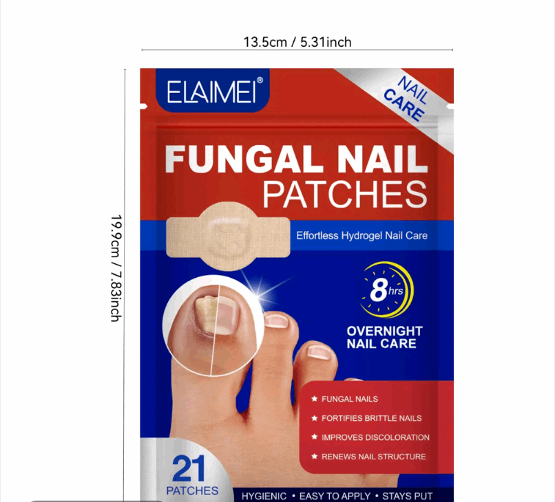 Elaimi fungal nail patches packaging with dimensions and product features.