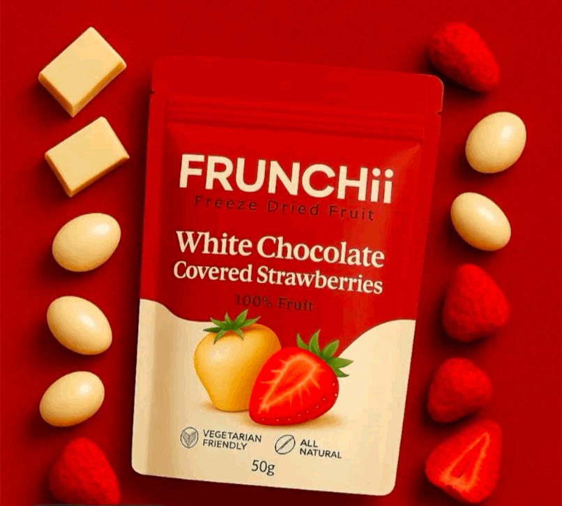 White chocolate coated strawberry snack close-up