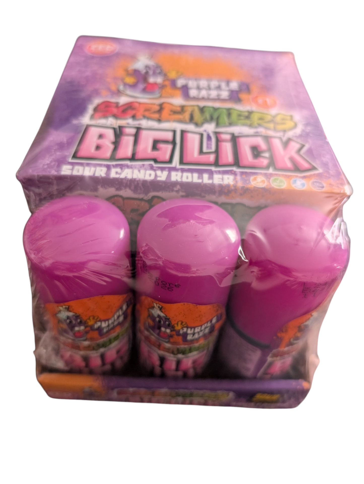 Zed Candy Screamers Big Lick – Purple Razz Sour Candy Roller (Box of 12)