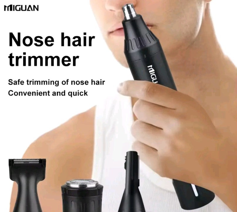 MIGUAN nose hair trimmer being used on a person with product details displayed.