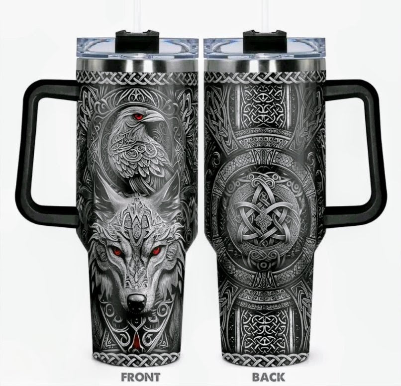 Norse Wolf & Raven Stainless Steel Travel Mug – 40oz Viking Warrior Insulated Tumbler with Handle & Straw