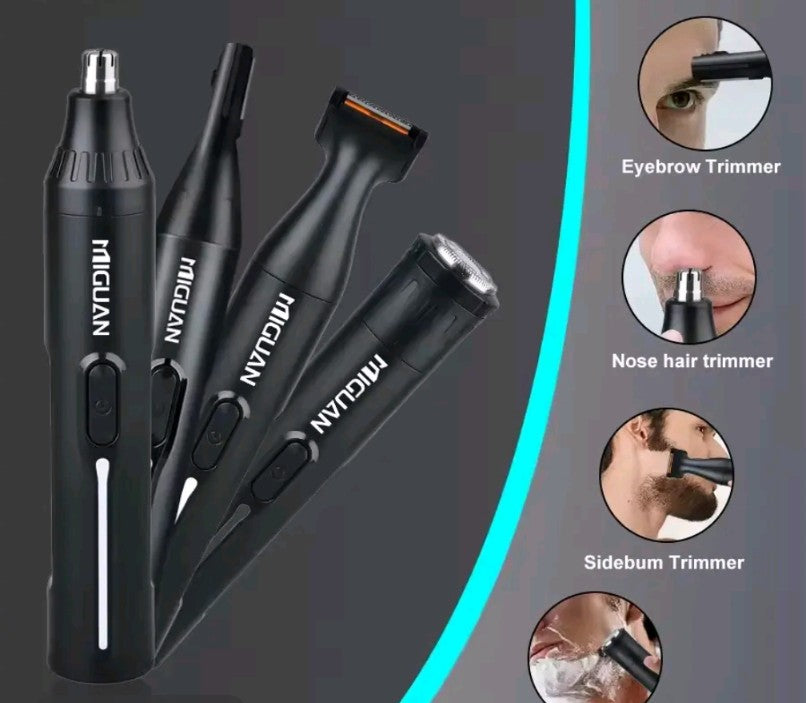 Set of black MIGUAN grooming tools on a gray background with usage illustrations.