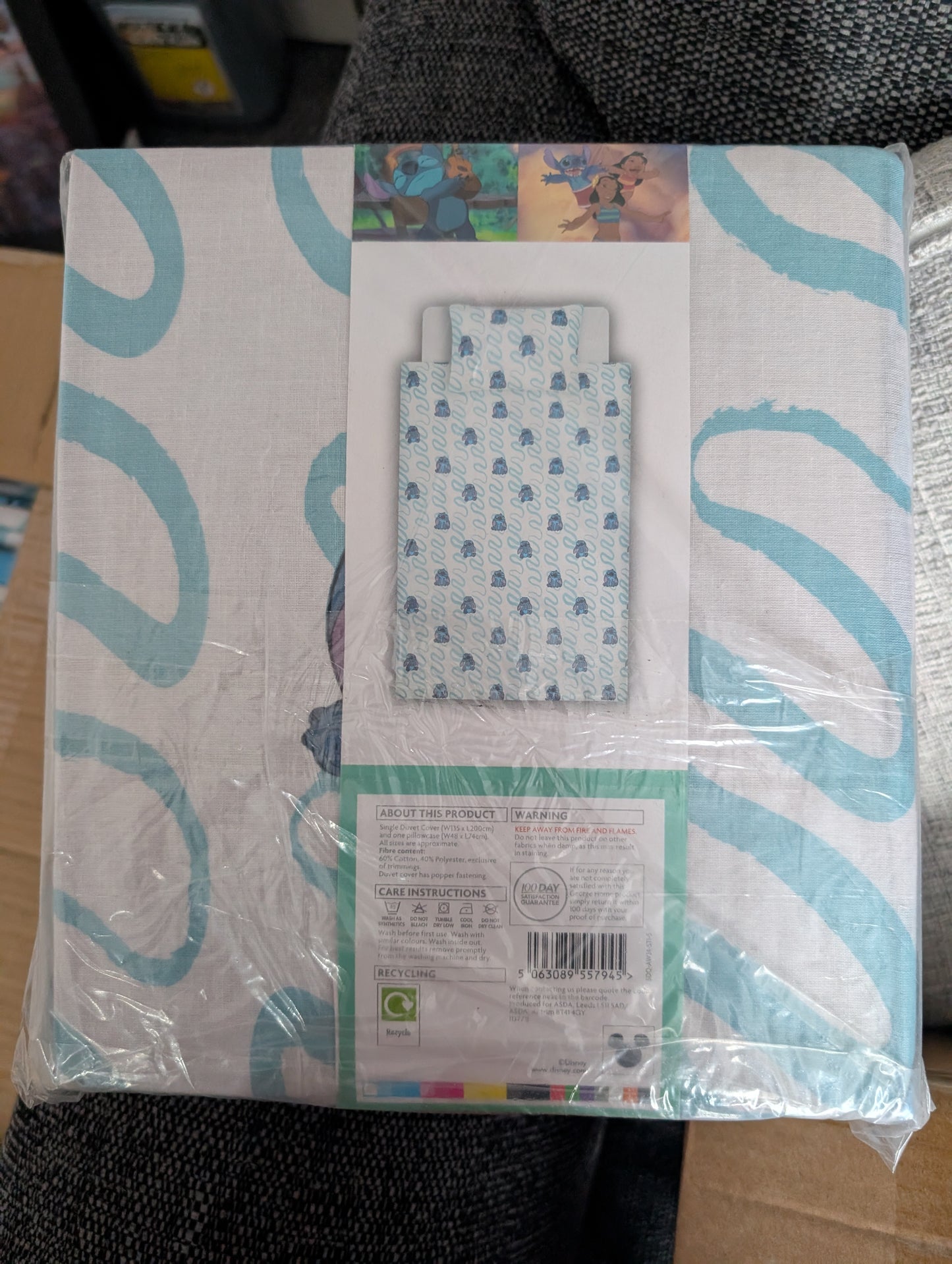 Packaged product with a label and text on a cardboard surface