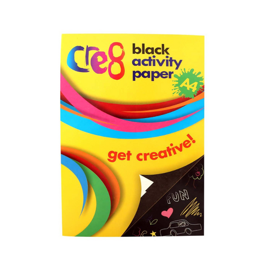 Creg black activity paper package with colorful design on a white background