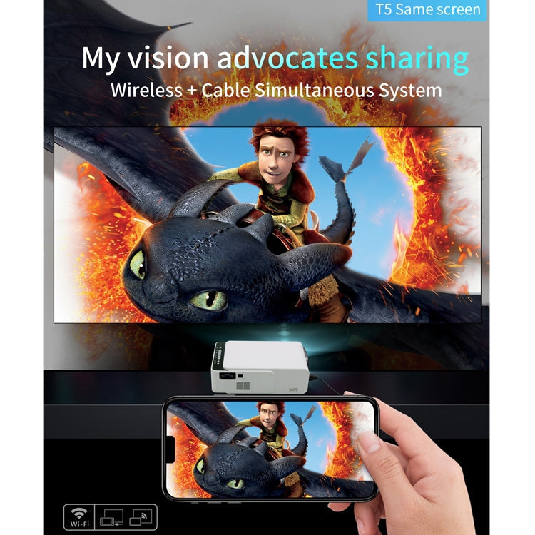 T5 Mini Smart LED Projector – 1024×600 – HDMI / USB / SD – Same Screen Mirroring