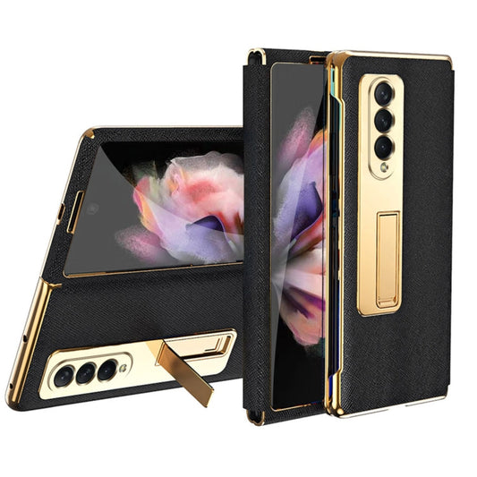Galaxy 4 fold Cross Texture Integrated Electroplating Hinge Flip Phone Case with Tempered Film