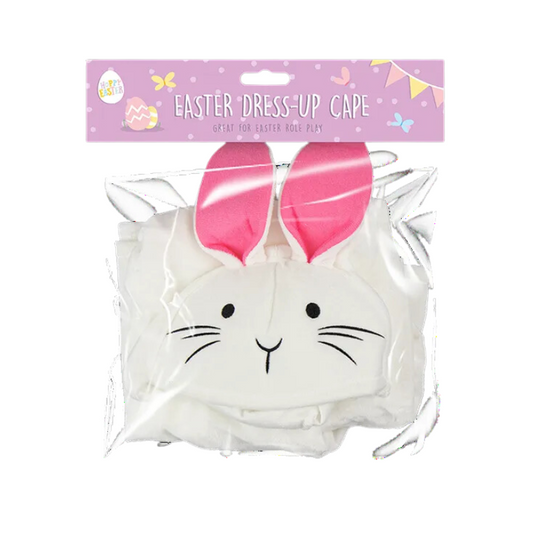 Easter dress-up cape with pink bunny ears in clear packaging on a white background