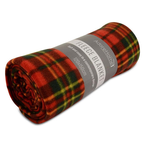 Roll of red and green plaid fleece blanket with 'Adorehome' label on a white background