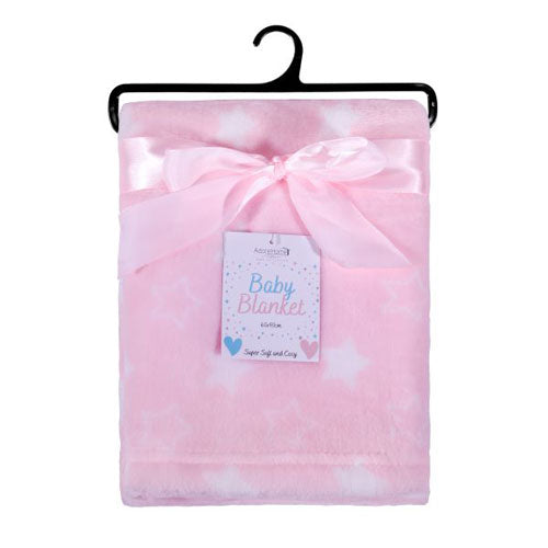 Pink baby blanket with a bow and tag on a hanger