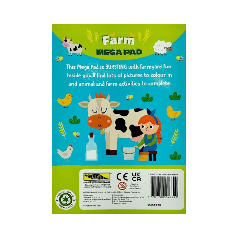 Back cover of a children's coloring book titled 'Farm Mega Pad' with illustrations of farm animals and activities.