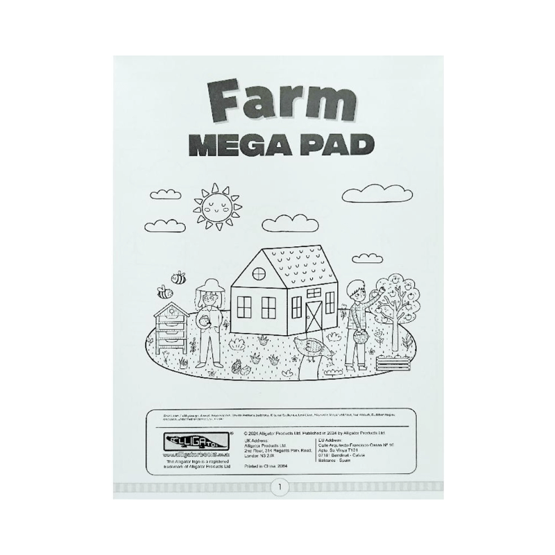 Farm-themed mega pad with illustrations of a house, sun, and people on a white background