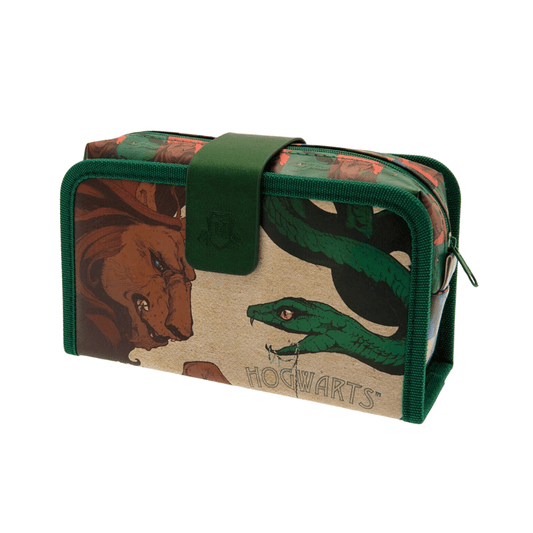 Green and brown bag with animal designs and 'Hogwarts' text on a white background