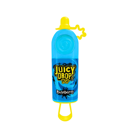 Blue and yellow 'Juicy Drop Pop' raspberry candy on a white background