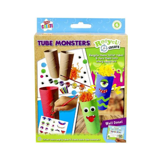 Packaging of Tube Monsters craft kit with colorful illustrations on a white background