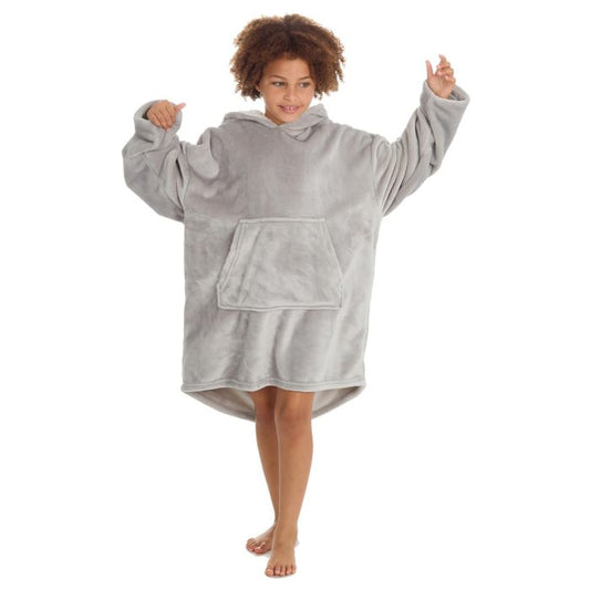 Person wearing a gray fleece poncho on a white background