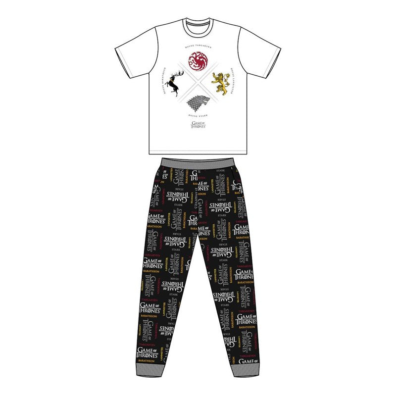 White t-shirt and black pants with 'Game of Thrones' logos on a white background
