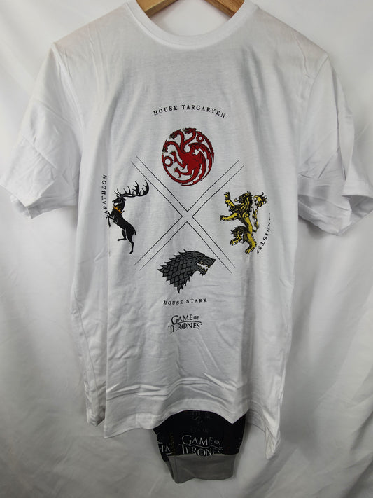 White t-shirt with Game of Thrones house sigils on a white background