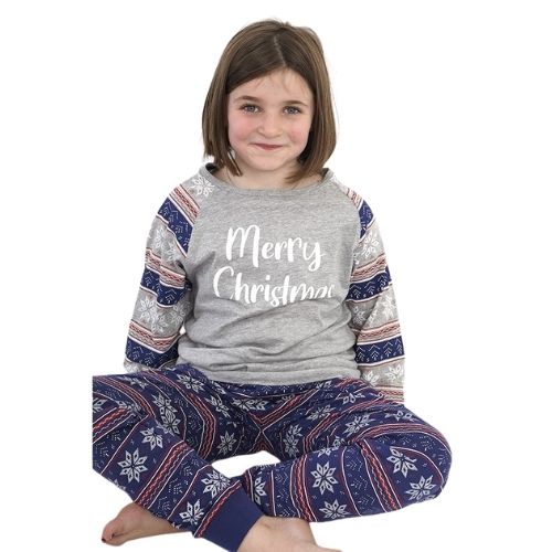 Child wearing a gray and blue 'Merry Christmas' pajama set on a white background