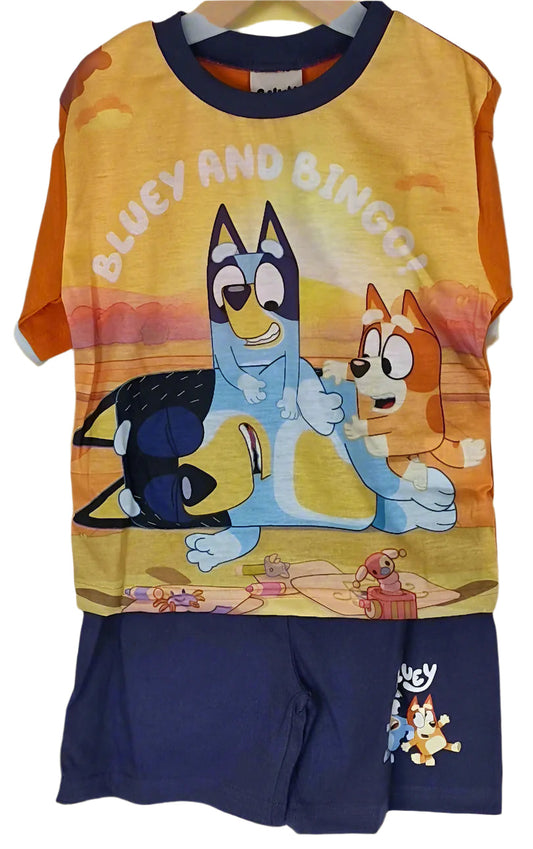 Children's outfit with Bluey and Bingo characters on a yellow background