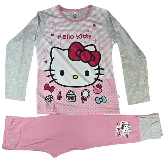 Hello Kitty pajama set with pink and gray long-sleeve top and pink pants on a white background