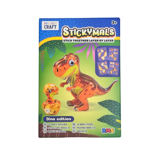 Packaging of StickyMals Dino edition craft set with dinosaur illustration on a white background