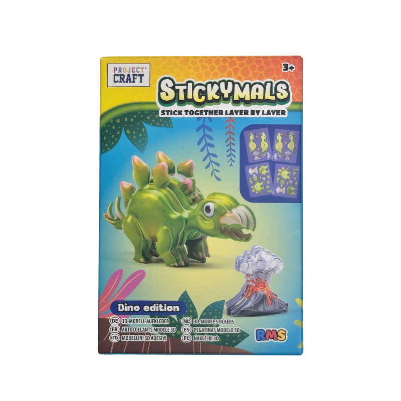 Box of StickyMals Dino edition craft kit with a green dinosaur illustration on a white background.