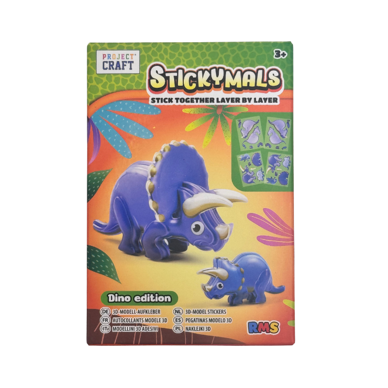 Packaging of Sticky Mals craft set with dinosaur illustration on a white background