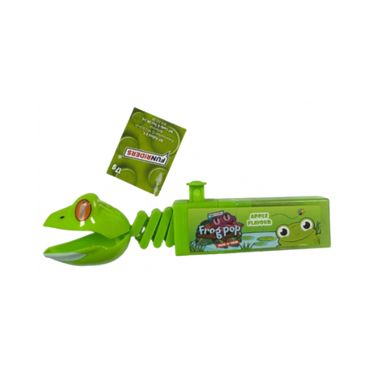 Green toy frog with packaging on a white background