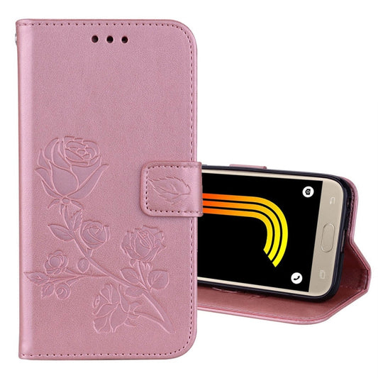 Samsung Galaxy J3 2017 Leather Wallet Case - Rose Pressed Flower Design with Card Slots